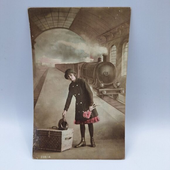 Antique Postcard Girl Suitcase Train Station 228/4 Early 1900s Sepia Tint Europe - Picture 1 of 5